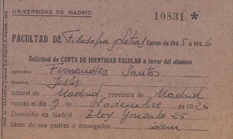 Solicitud manuscrita de carta de identidad escolar de la Facultad de Filosofía y Letras, 1945.